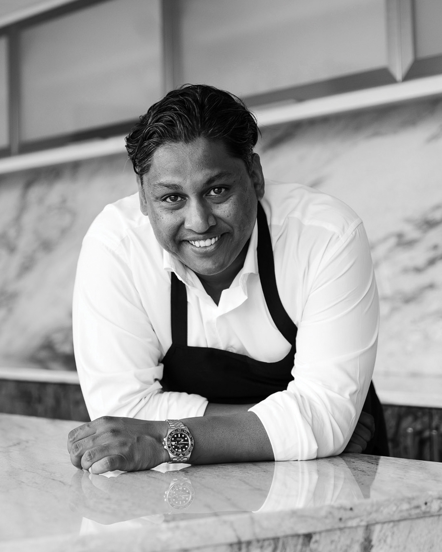 Black and white portrait of Chef Kevin Ramasawmy